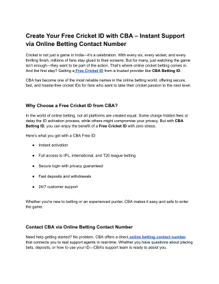 Create Your Free Cricket ID with CBA – Instant Support via Online Betting Contact Number