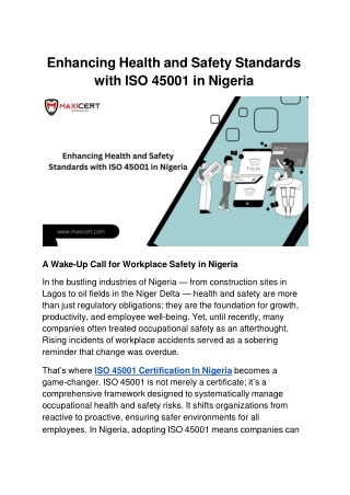 Enhancing Health and Safety Standards with ISO 45001 in Nigeria