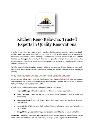 Kitchen Reno Kelowna: Trusted Experts in Quality Renovations