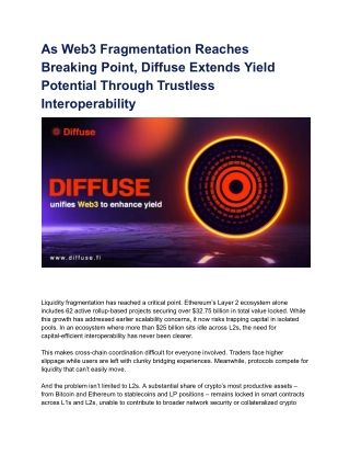 As Web3 Fragmentation Reaches Breaking Point, Diffuse Extends Yield Potential Th