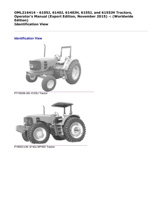 John Deere 6105J, 6140J, 6140JH, 6155J, and 6155JH Tractors (Export Edition) (Worldwide Edition) Operator’s Manual Insta