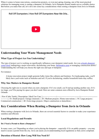 Key Considerations When Renting a Dumpster from Javis in Orlando