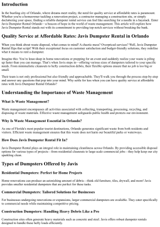 Quality Service at Affordable Rates: Javis Dumpster Rental in Orlando