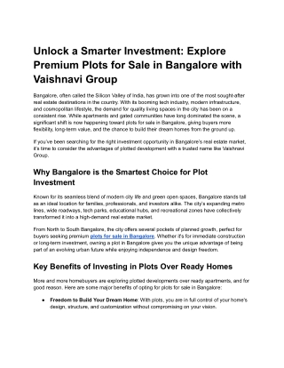 Unlock a Smarter Investment Explore Premium Plots for Sale in Bangalore with Vaishnavi Group