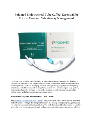 Polymed Endotracheal Tube Cuffed: Essential for Critical Care