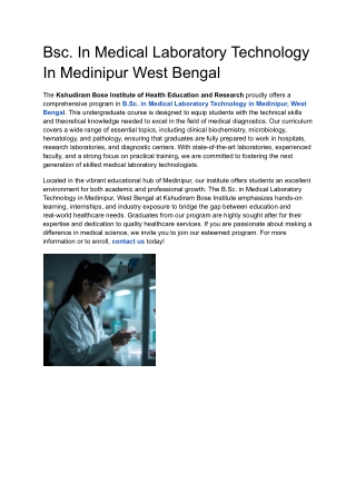 Bsc. In Medical Laboratory Technology In Medinipur West Bengal