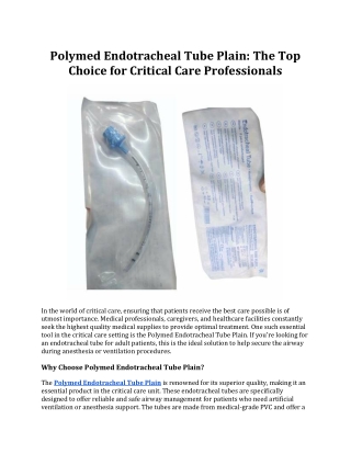Polymed Endotracheal Tube Plain: The Top Choice for Critical Care Professionals