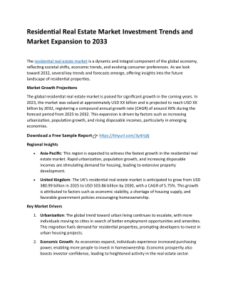 Residential Real Estate Market Investment Trends and Market Expansion to 2033
