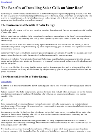 The Benefits of Installing Solar Cells on Your Roof