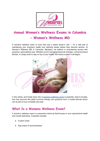 Annual Women’s Wellness Exams in Columbia - Women’s Wellness MD
