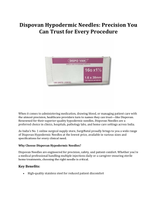 Dispovan Hypodermic Needles: Precision You Can Trust for Every Procedure