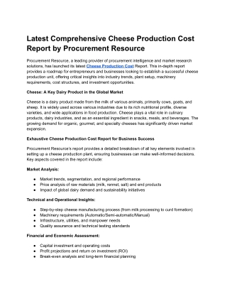 Latest Comprehensive Cheese Production Cost Report by Procurement Resource