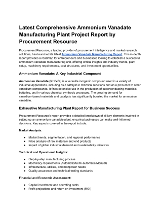 Latest Comprehensive Ammonium Vanadate Manufacturing Plant Project Report by Procurement Resource