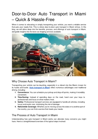 Door-to-Door Auto Transport in Miami – Quick & Hassle-Free