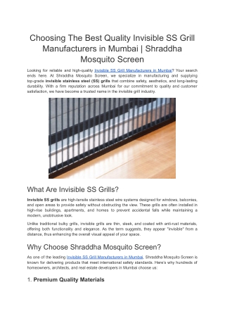 Choosing The Best Quality Invisible SS Grill Manufacturers in Mumbai