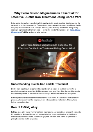 Why Ferro Silicon Magnesium Is Essential for Effective Ductile Iron Treatment Using Cored Wire