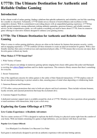 U777D The Ultimate Destination for Authentic and Reliable Online Gaming