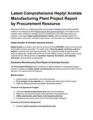 Latest Comprehensive Heptyl Acetate Manufacturing Plant Project Report by Procurement Resource