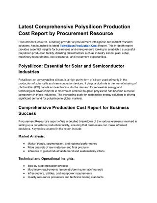 Latest Comprehensive Polysilicon Production Cost Report by Procurement Resource