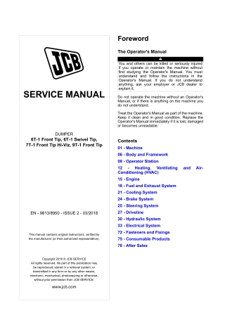 JCB 6T-1 Front Tip Dumper Service Repair Manual Instant Download SN From 2561001 onwards