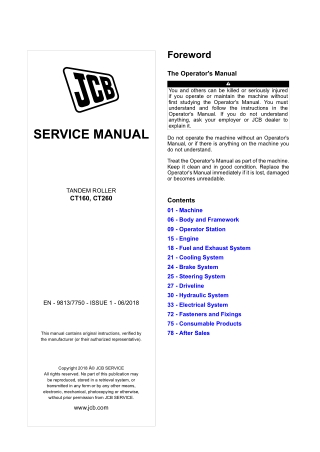 JCB CT260 Tandem Roller Service Repair Manual Instant Download SN 2556350 and up