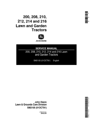 John Deere 212 Lawn and Garden Tractor Service Repair Manual Instant Download (sm2105)