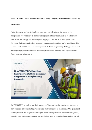 How VALiNTRY’s Electrical Engineering Staffing Company Supports Your Engineering Innovation