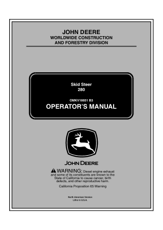 John Deere 280 Skid Steers Operator’s Manual Instant Download (PIN.380001-) (Publication No.18651)