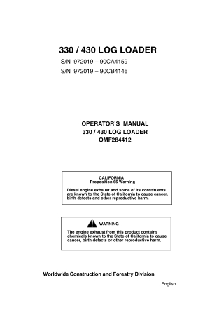 John Deere 330 340 Log Loader Operator Maintenance and Specification Manual Instant Download (PIN972019-90CA4159 972019-