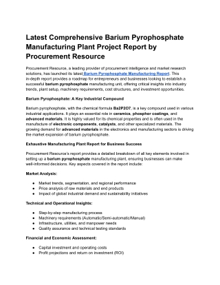 Latest Comprehensive Barium Pyrophosphate Manufacturing Plant Project Report