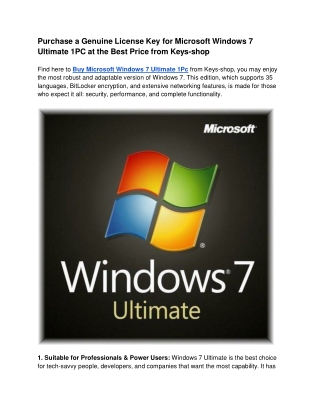 Purchase a Genuine License Key for Microsoft Windows 7 Ultimate 1PC at the Best Price from Keys-shop
