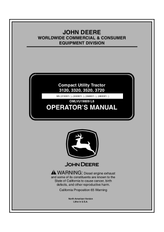 John Deere 3320 Compact Utility Tractor Operator’s Manual Instant Download (PIN3320-330001- ) (Publication No. omlvu1980