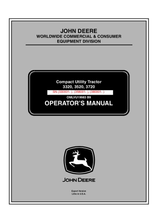 John Deere 3320 Compact Utility Tractor Operator’s Manual Instant Download (PIN3320-330001- ) (Publication No.19983)