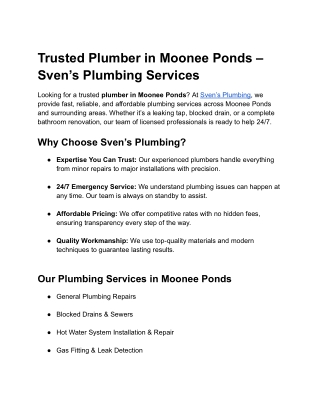 Trusted Plumber in Moonee Ponds – Sven’s Plumbing Services