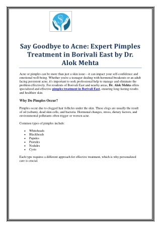 Get Clear Skin with Trusted Pimples Treatment in Borivali East – Dr. Alok Mehta