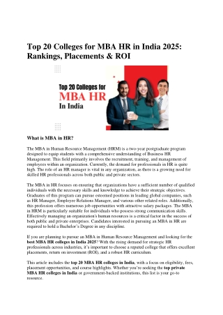 Top 20 Colleges for MBA HR in India 2025
