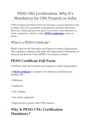 PESO CNG Certification Why It’s Mandatory for CNG Projects in India