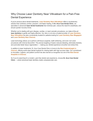 Why Choose Laser Dentistry Near Villivakkam for a Pain-Free Dental Experience