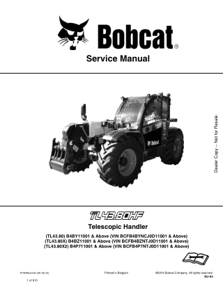 Bobcat TL43.80HF Telescopic Handler Service Repair Manual Instant Download (SN B4BZ11001 & Above)