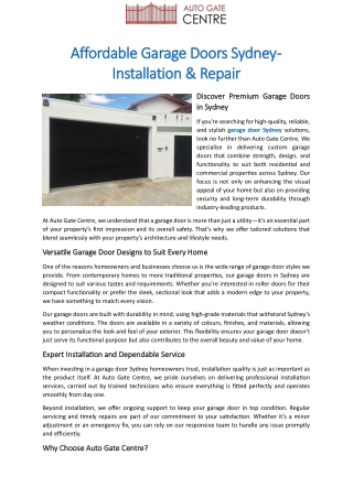 Affordable Garage Doors Sydney - Installation & Repair