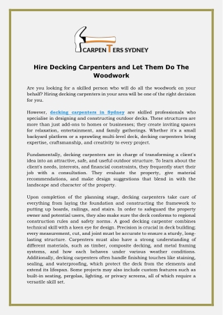 Hire Decking Carpenters and Let Them Do The Woodwork