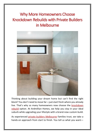 Why More Homeowners Choose Knockdown Rebuilds with Private Builders in Melbourne