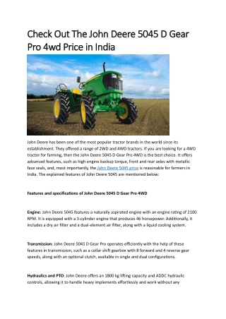 Check Out The John Deere 5045 D Gear Pro 4wd Price in India