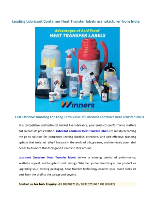 Leading Lubricant Container Heat Transfer labels manufacturer from India