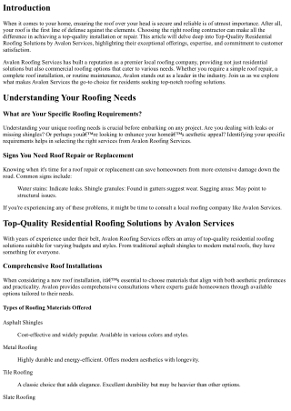 Top-Quality Residential Roofing Solutions by Avalon Services