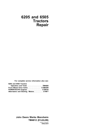 John Deere 6205 Tractor Service Repair Manual Instant Download (tm4612   tm4608)