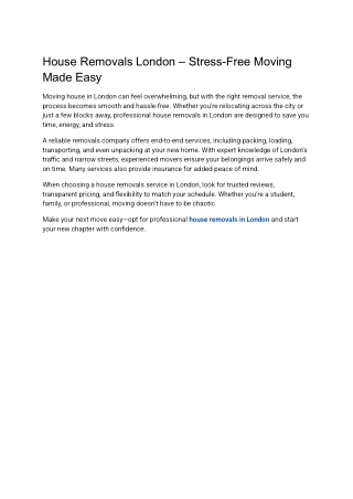 House Removals London – Stress-Free Moving Made Easy