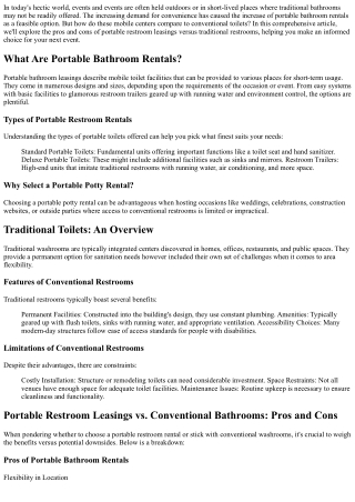 Portable Bathroom Rentals vs. Standard Bathrooms: Pros and Cons