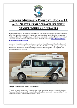 Book 17 & 20 Seater Tempo Traveller on Rent in Mumbai for Group Travel