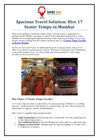 Hire 17 Seater Tempo Traveller on Rent in Mumbai – Shri Sai Tours